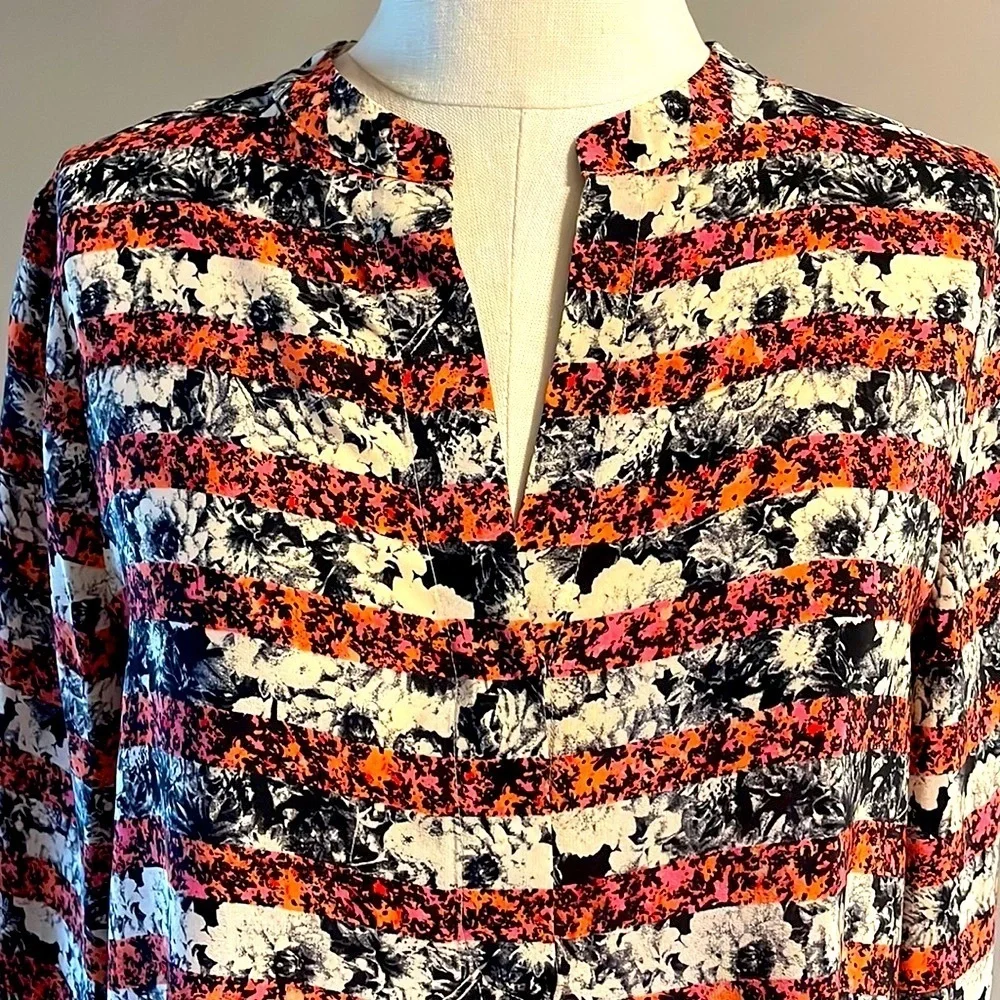 MADEWELL Broadway Broome floral striped 100% SILK 1/2 way button front blouse L